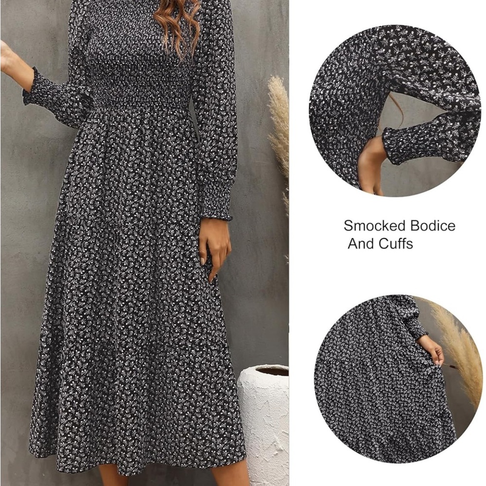 Women's Black Floral Long Sleeve Midi Dress - Picture 2 of 2